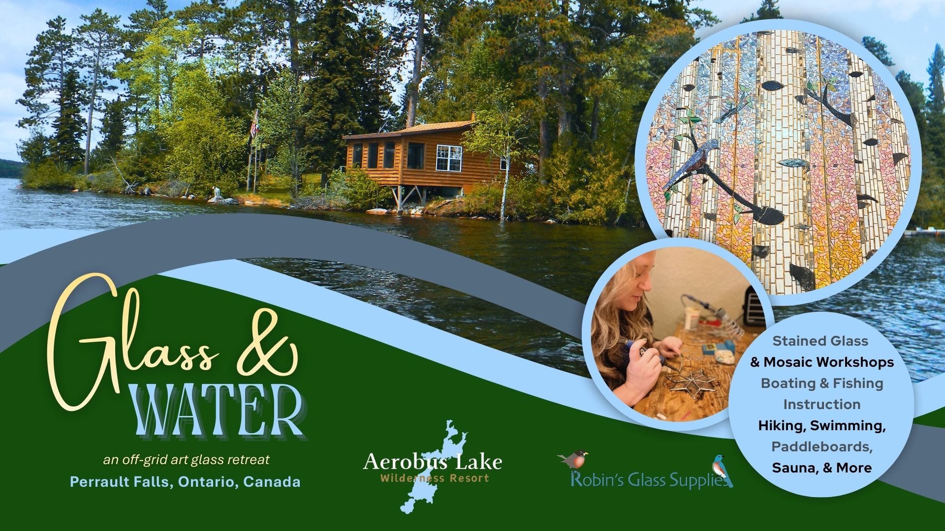 GLASS & WATER is an immersive, all-inclusive art glass retreat set on a remote, off-grid lake in Northern Ontario. Guests will explore stained glass and mosaic techniques, collaborate on a permanent glass mosaic mural, and experience the rhythm of lake life through fishing, boating, and wilderness recreation.